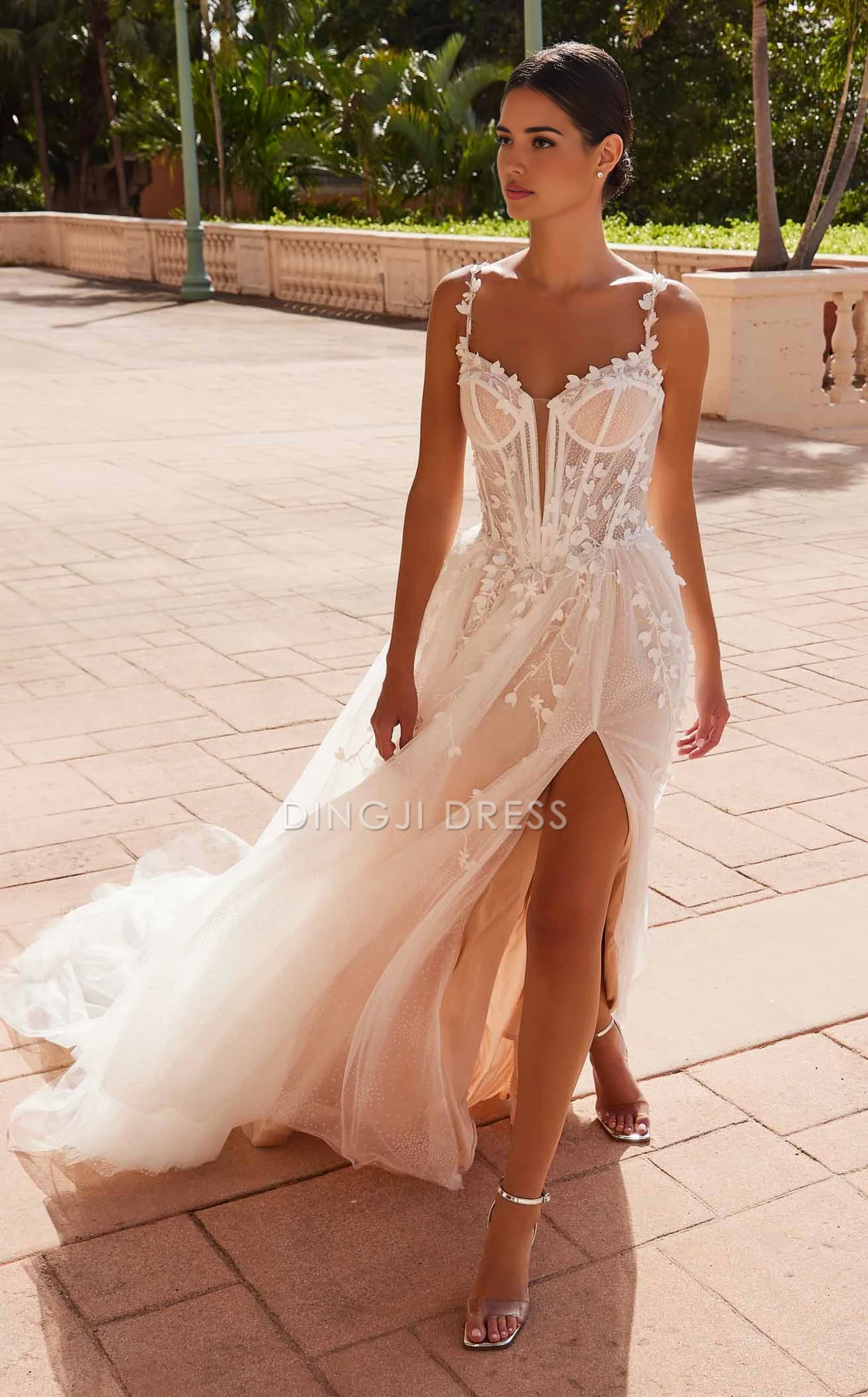 DingJiDress Hot Sale Wedding Dress Exquisite A Line Spaghetti Strap Sweetheart Neckline Backless Side Fork Flower Sparkle Formal Wear Dresses