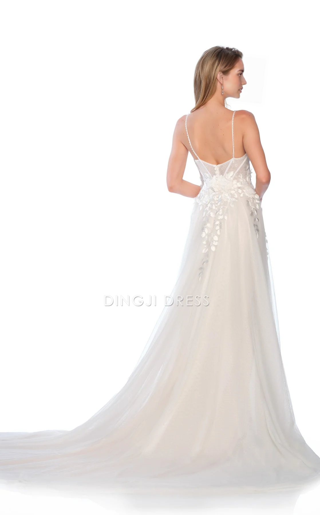 DingJiDress Hot Sale Wedding Dress Exquisite A Line V Neck Spaghetti Strap Flower Backless Floor-length Fantastic Formal Wear Dresses