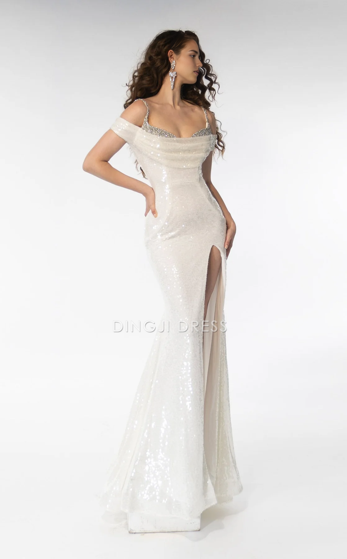 DingJiDress Hot Sale Wedding Dress Exquisite Mermaid Spaghetti Strap Off Shoulder Beadwork Side Fork Sparkle Formal Wear Dresses