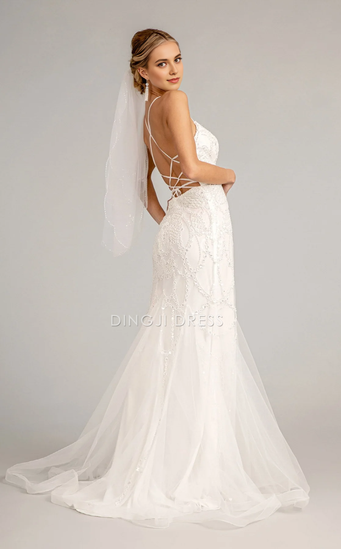 DingJiDress Hot Sale Wedding Dress Exquisite Mermaid Spaghetti Strap V Neck Backless Fantastic Formal Wear Dresses