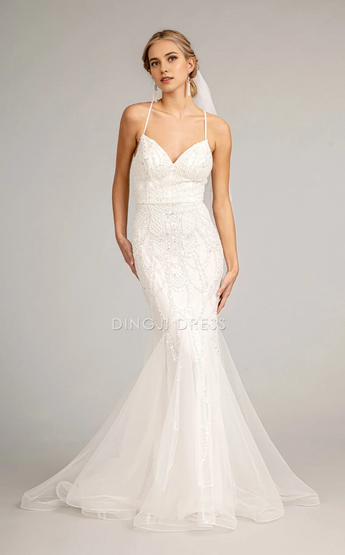 DingJiDress Hot Sale Wedding Dress Exquisite Mermaid Spaghetti Strap V Neck Backless Fantastic Formal Wear Dresses