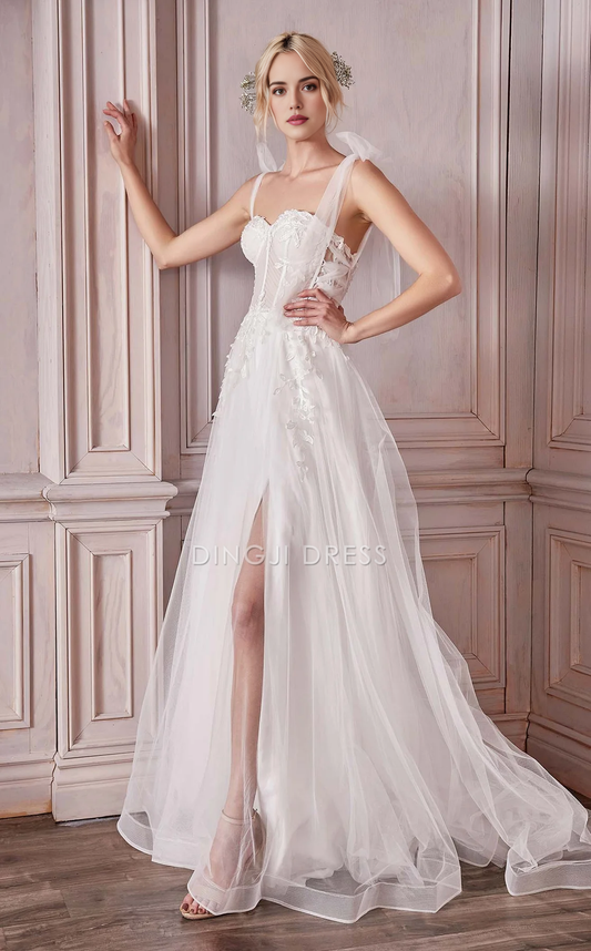 DingJiDress Hot Sale Wedding Dress Fantastic A-line Sweetheart Neckline Pleated Lace Applique Backless Slit Fashion Formal Wear Dresses