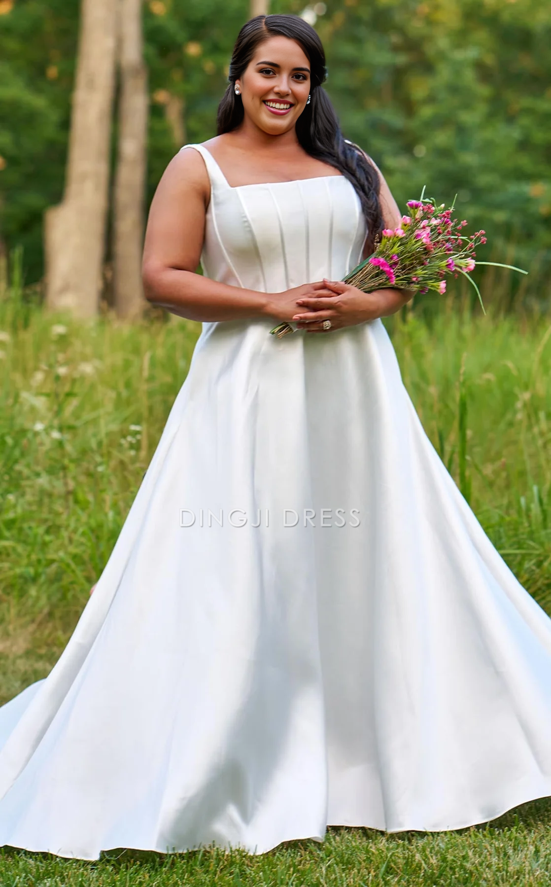 DingJiDress Hot Sale Wedding Dress Fashion A Line Square Neck Sleeveless Ruched Plus size Simple Formal Wear Dresses