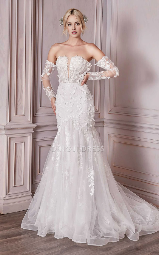 DingJiDress Hot Sale Wedding Dress Gorgeous Mermaid Strapless Cutout Neckline Long Sleeves Backless Exquisite Floral Formal Wear Dresses