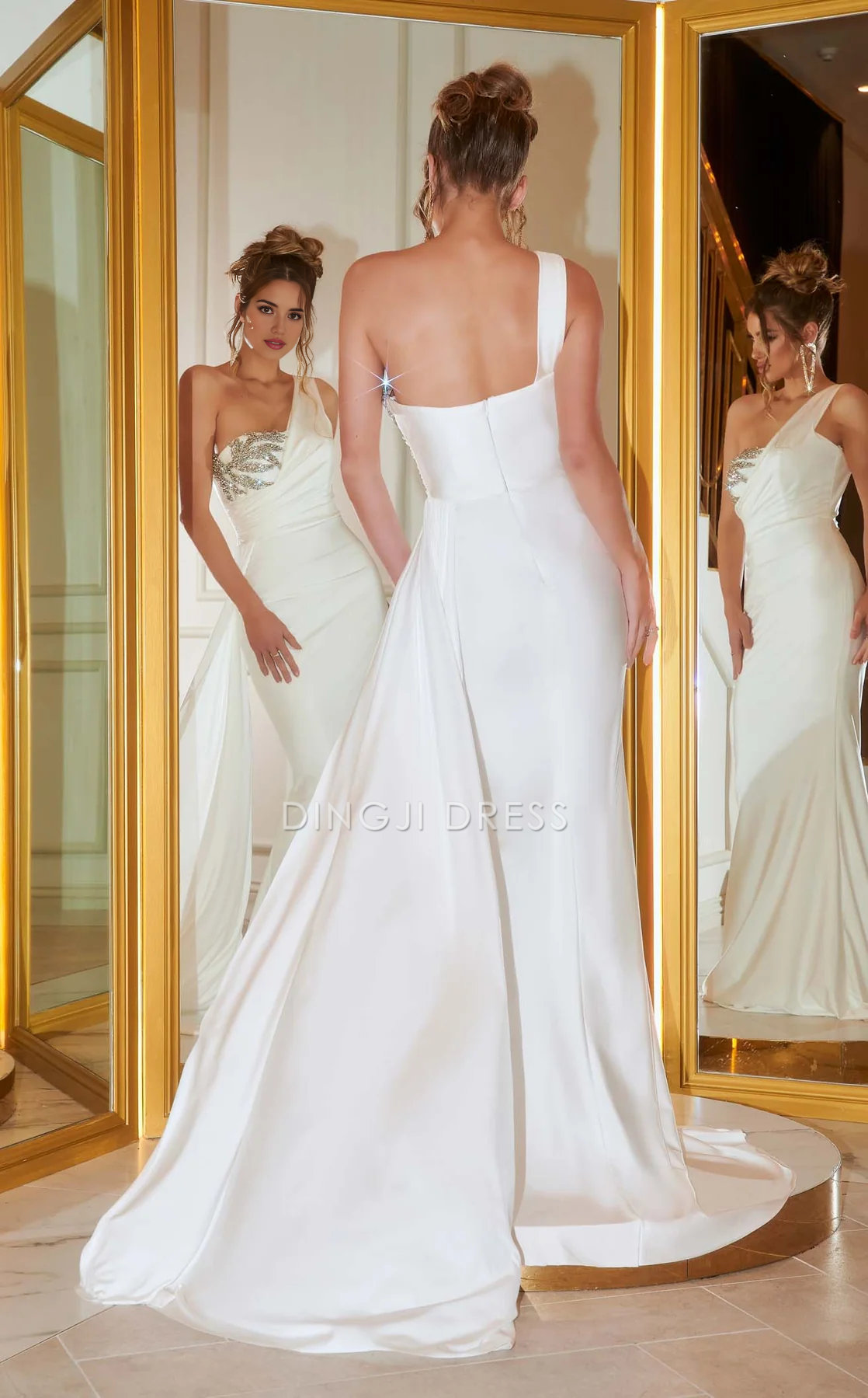 DingJiDress Hot Sale Wedding Dress Mermaid One-Shoulder Sleeveless Asymmetric Neckline Beadwork Ruched Bodice Fashion Formal Wear Dresses