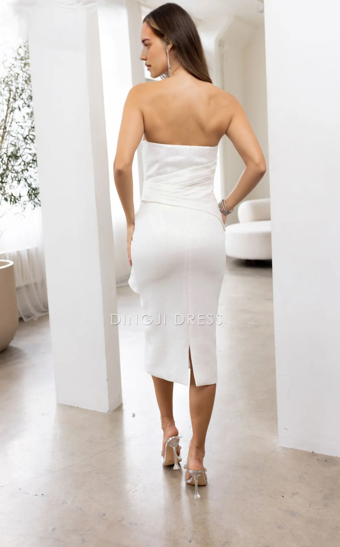 DingJiDress Hot Sale Wedding Dress Sheath Strapless Straight Neckline Ruched Backless Beadwork Knee-length Fashion Formal Wear Dresses