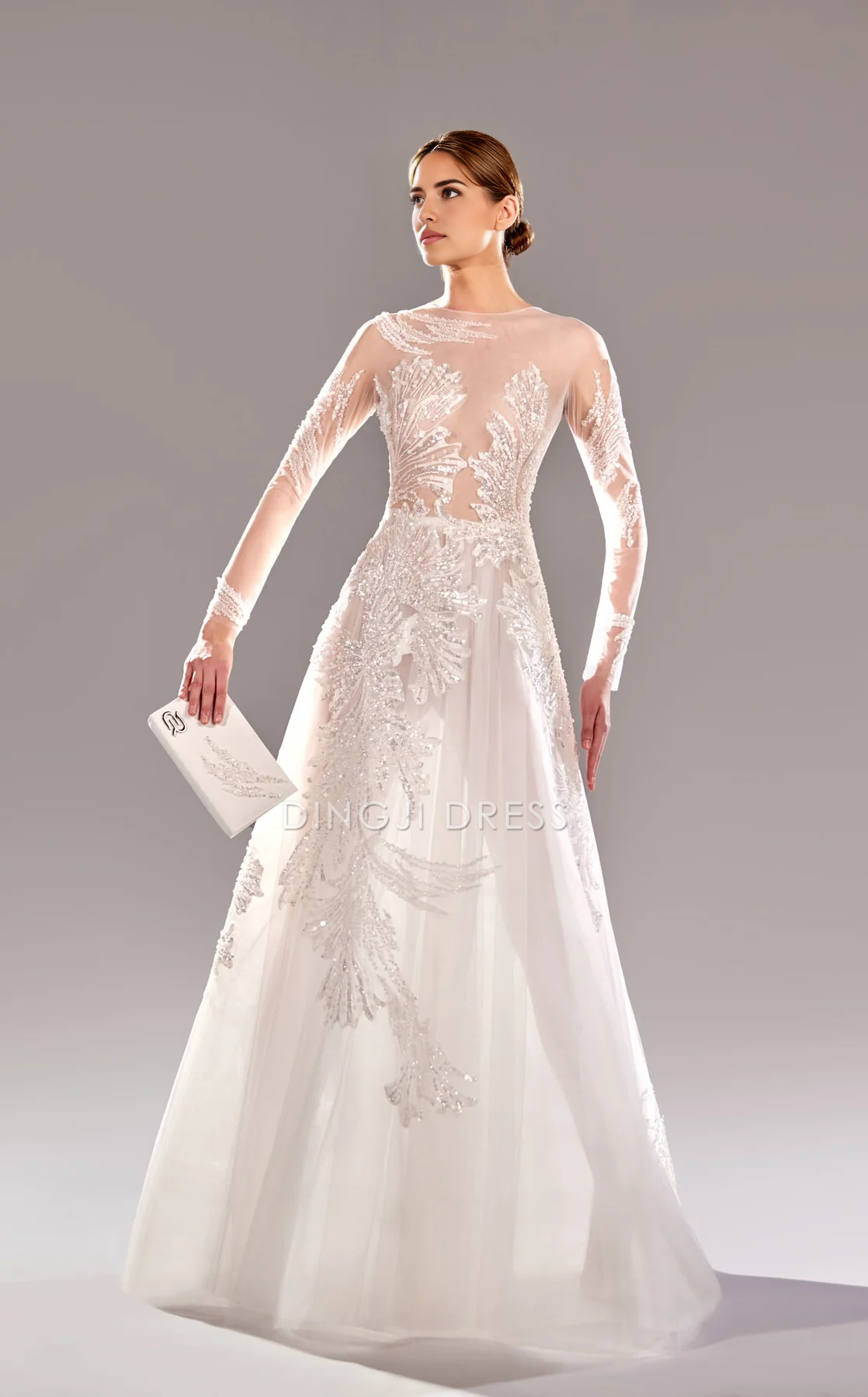 DingJiDress Hot Sale Wedding Dress Shiny A-line Round Neckline Long Sleeves Dress Gorgeous Formal Wear Dresses