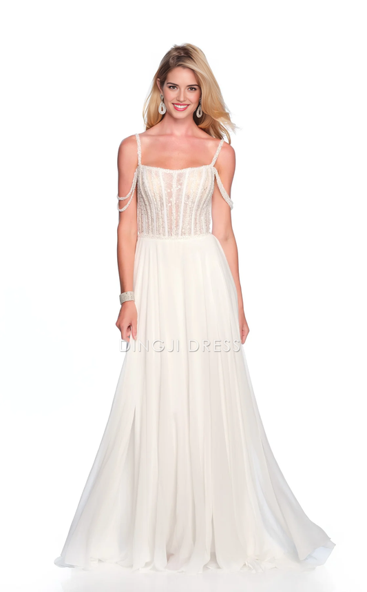 DingJiDress Hot Sale Wedding Dress Sparkle A Line Spaghetti Strap Square Neckline Beadwork Backless Floor-Length Gorgeous Formal Wear Dresses