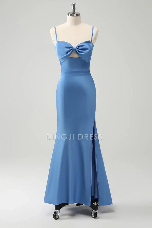 DingJiDress Mermaid Spaghetti Straps With Bowknot Side Fork Cute Party Dress Hot Sale Prom Dress