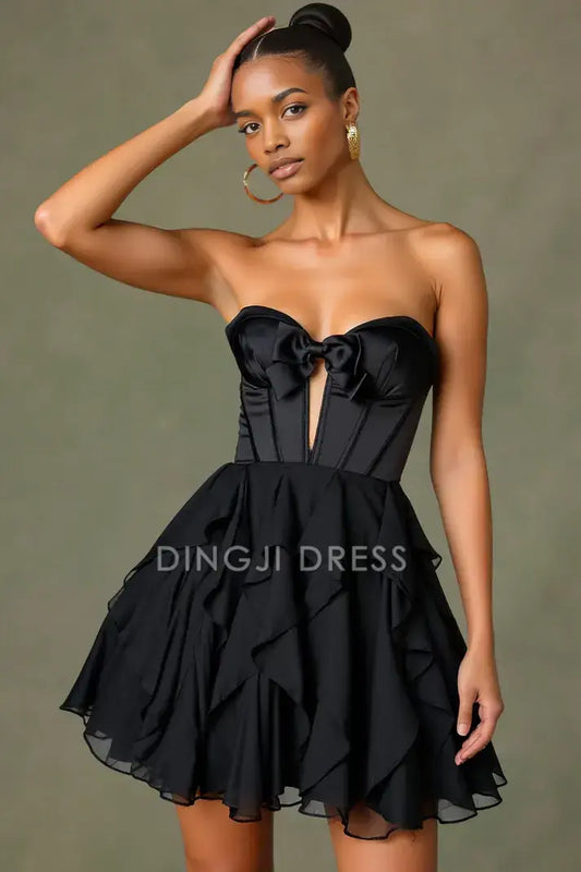 DingJiDress Mini Dress Black A-Line Strapless Bowknot Sweetheart Neckline Keyhole Tiers Ruffles Charming Dress Discount Hot Sale Homecoming Dress