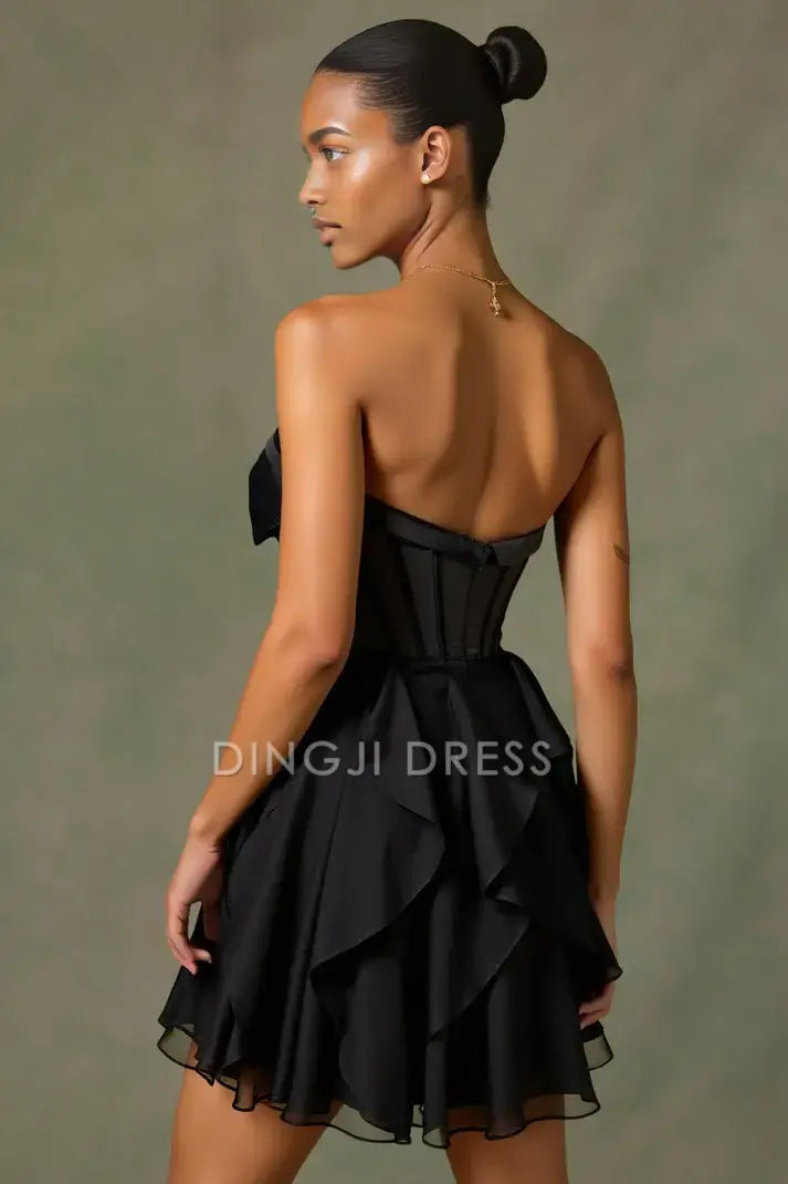 DingJiDress Mini Dress Black A-Line Strapless Bowknot Sweetheart Neckline Keyhole Tiers Ruffles Charming Dress Discount Hot Sale Homecoming Dress