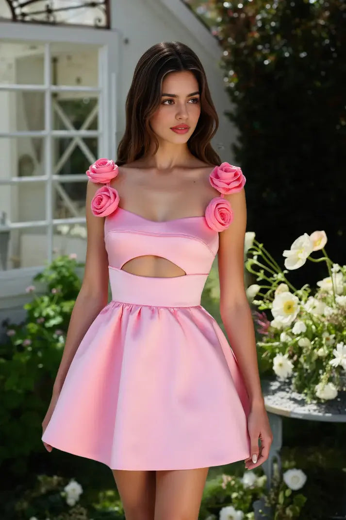 DingJiDress Mini Dress Cute A-Line 3D Flowers Shoulder Straps Hollow Backless Romantic Dress Discount Hot Sale Homecoming Dress