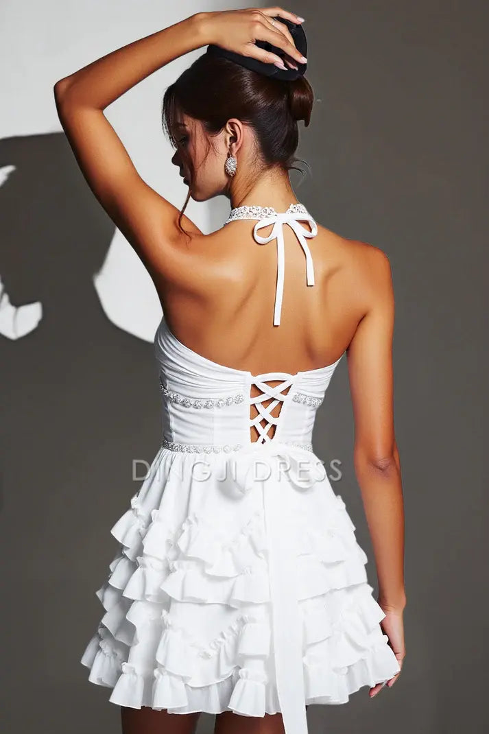 DingJiDress Mini Dress Exquisite A-Line Halter Pearl Low-Cut Neck Layering Fuffled Ruched Fashion Dress Discount Hot Sale Homecoming Dress