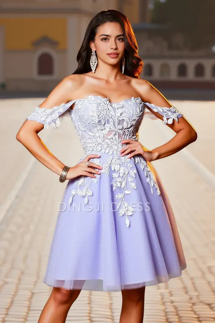 DingJiDress Mini Dress Exquisite A-Line Off-the-Shoulder Sweetheart Neckline Lace Applique Backless Chic Dress New Hot Sale Homecoming Dress