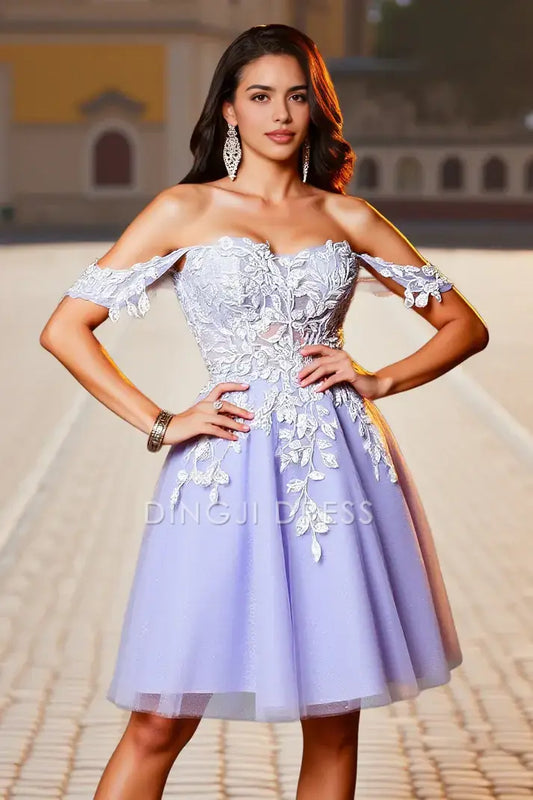 DingJiDress Mini Dress Exquisite A-Line Off-the-Shoulder Sweetheart Neckline Lace Applique Backless Chic Dress New Hot Sale Homecoming Dress