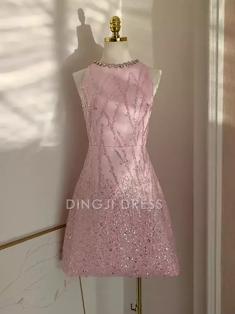 DingJiDress Mini Dress Pink Exquisite A Line Round Neck Sleeveless Sequin Bow Sparkle Dress Discount Hot Sale Homecoming Dress