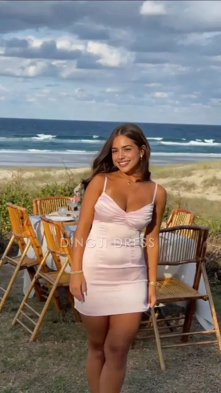 DingJiDress Mini Dress Simple Pink Sheath Spaghetti Strap V Neck Charming Cocktail Dress Discount Hot Sale Homecoming Dress