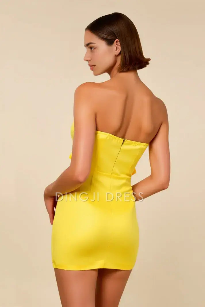 DingJiDress Mini Dress Yellow Sheath Strapless Bowknot Neckline With Slit Chic Discount Hot Sale Homecoming Dress