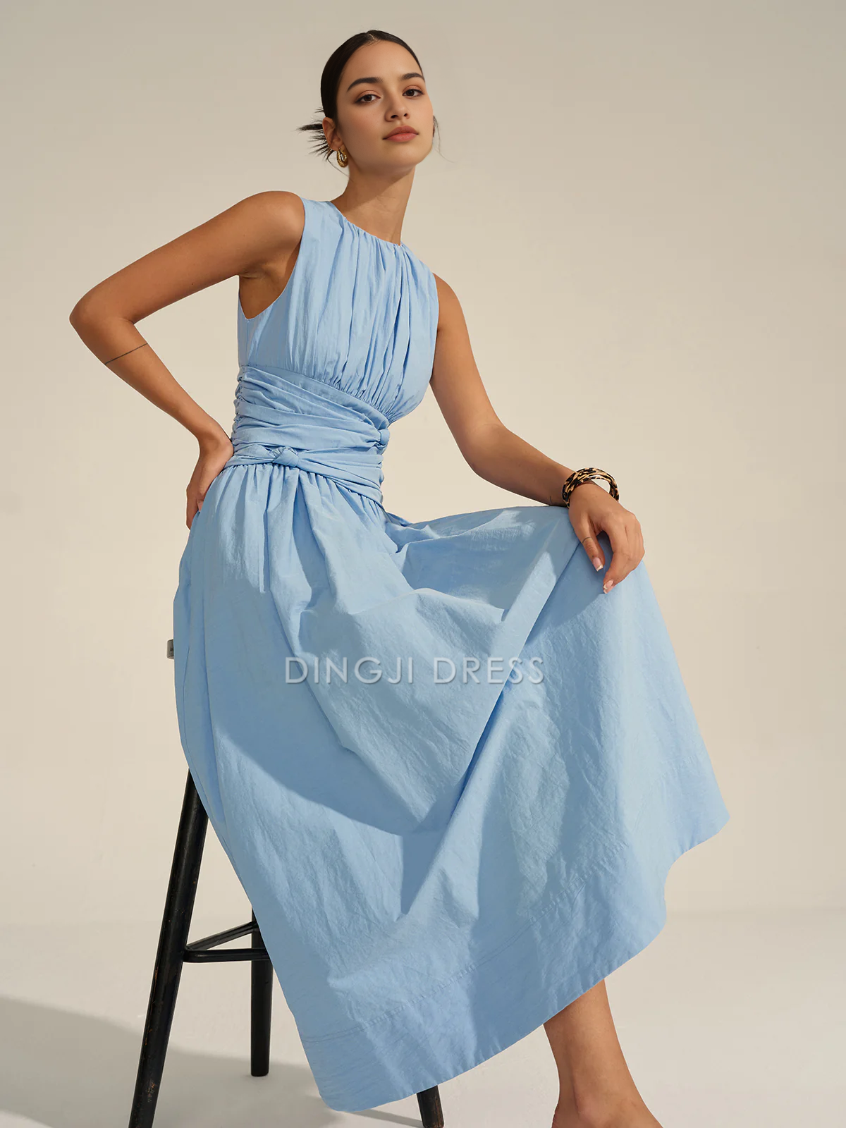 DingJiDress Party Dress A Line Crew Neck Sleeveless Pleated Tie Knot Elegant Hot Sale Prom Dress
