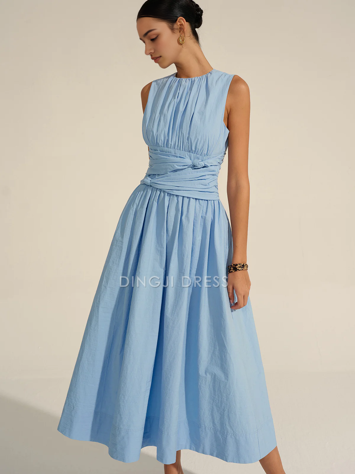 DingJiDress Party Dress A Line Crew Neck Sleeveless Pleated Tie Knot Elegant Hot Sale Prom Dress