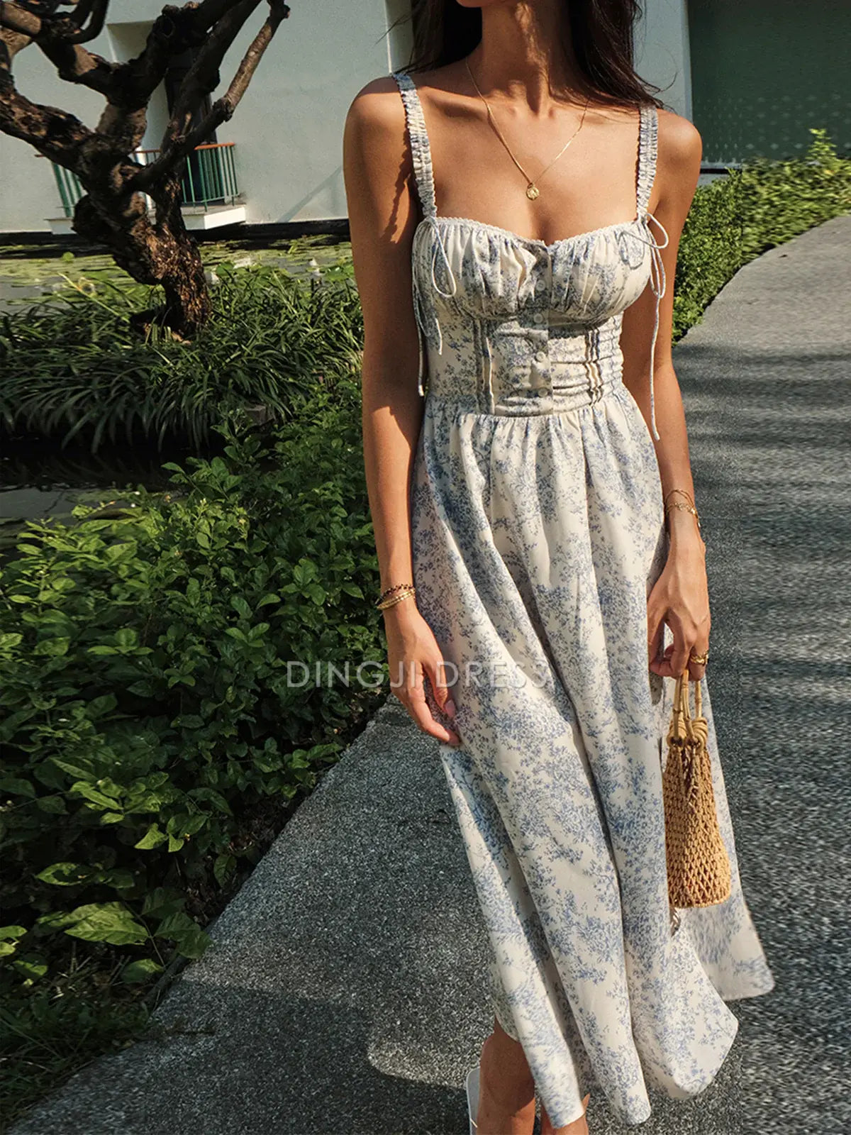 DingJiDress Party Dress A Line Low cut Ruched Shoulder Strap Printing Floral Cute Hot Sale Prom Dress