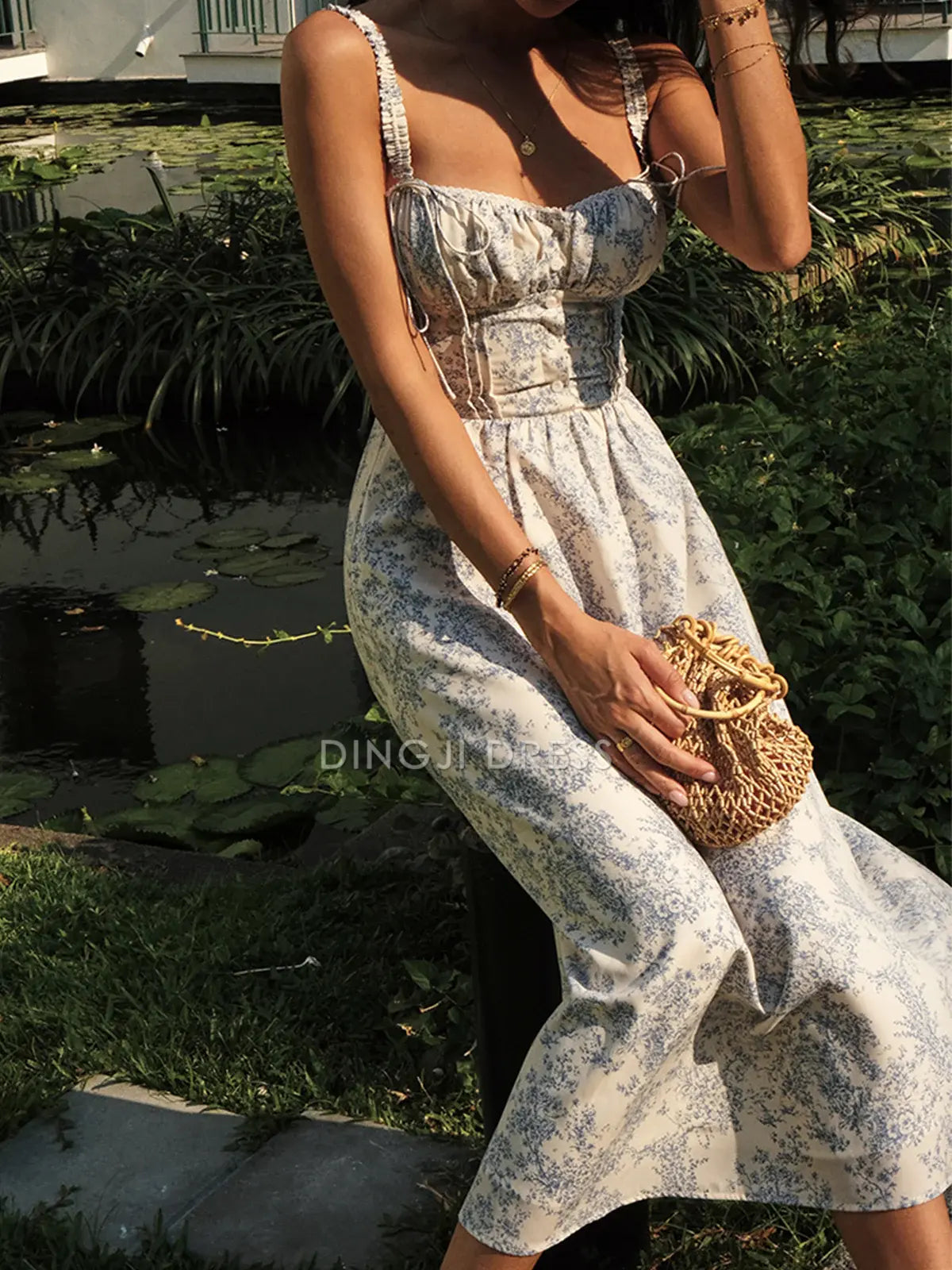 DingJiDress Party Dress A Line Low cut Ruched Shoulder Strap Printing Floral Cute Hot Sale Prom Dress