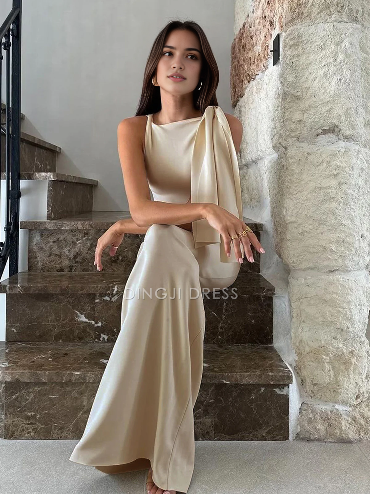 DingJiDress Party Dress Charming Mermaid Crew Neck Strap Knotted Sleeveless Elegant Long Dress Hot Sale Prom Dress