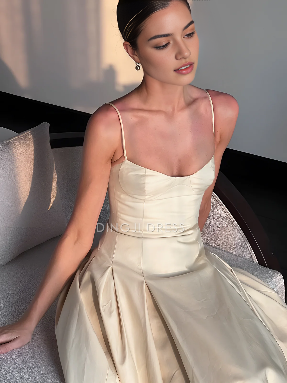 DingJiDress Party Dress Elegant A Line Low-Cut Spaghetti Strap Pleated Charming Long Dress Hot Sale Prom Dress