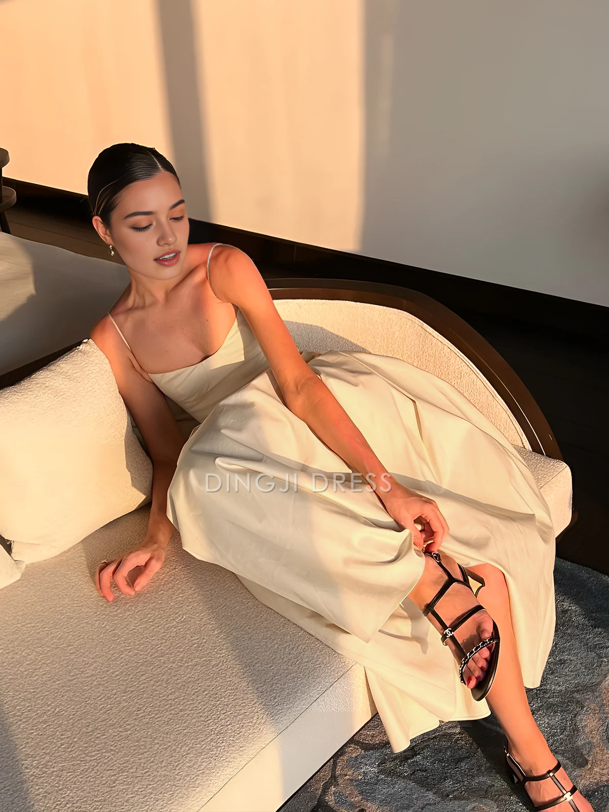 DingJiDress Party Dress Elegant A Line Low-Cut Spaghetti Strap Pleated Charming Long Dress Hot Sale Prom Dress