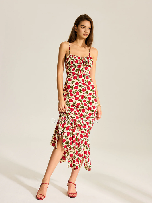 DingJiDress Party Dress Mermaid Spaghetti Strap Retro Floral Print Ruffle Hem Elegant Hot Sale Prom Dress