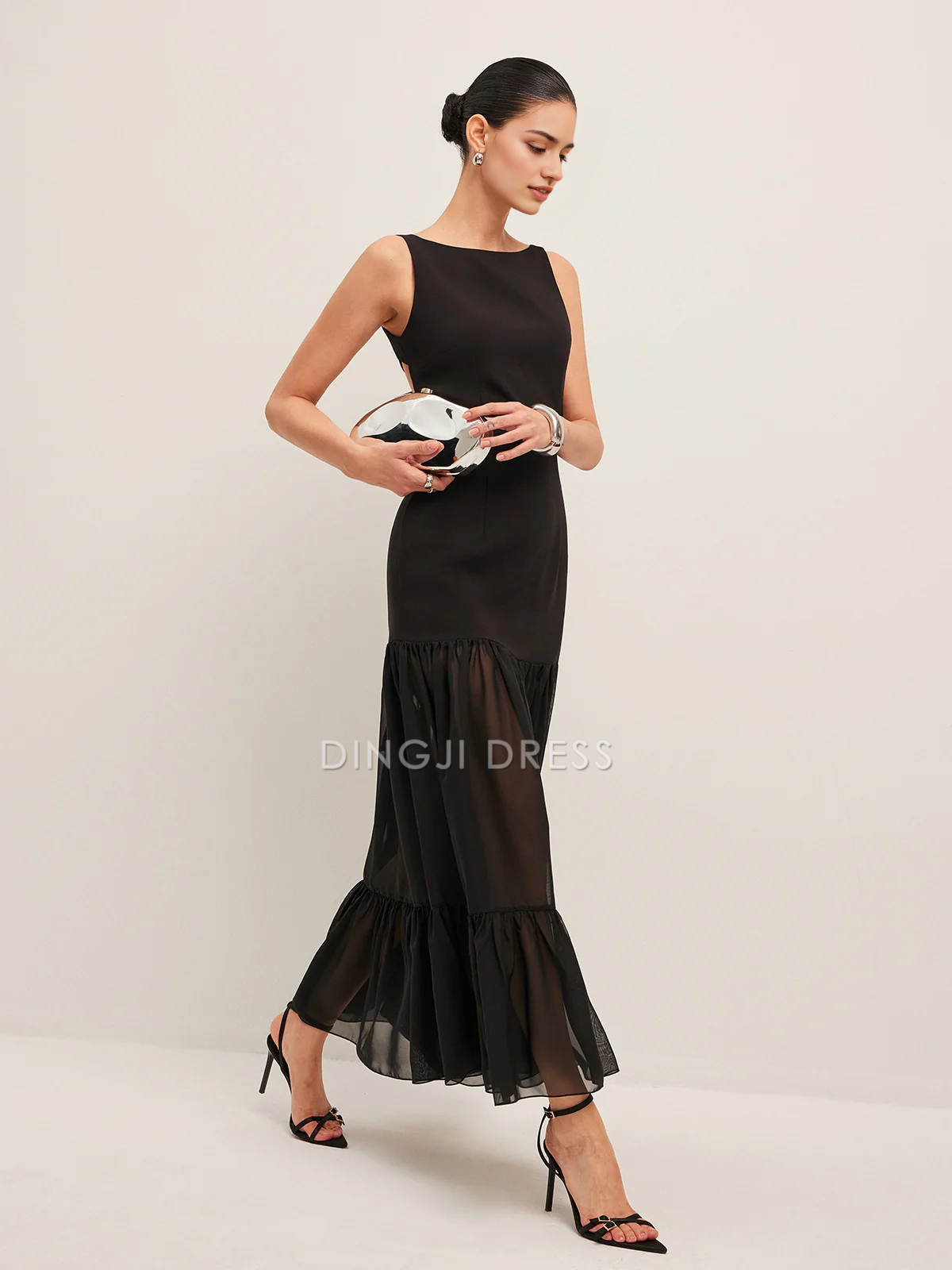 DingJiDress Party Dress Sheath Boat Neck Sleeveless Sheer Panel Back-Tie Backless Ruffled Hem Fashion Dress Hot Sale Prom Dress