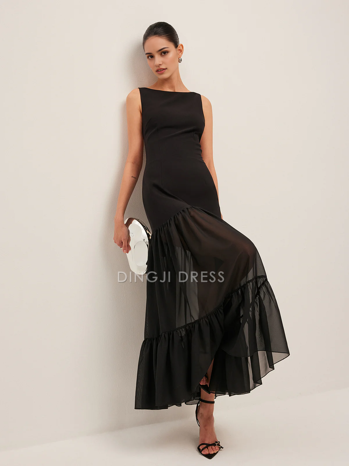DingJiDress Party Dress Sheath Boat Neck Sleeveless Sheer Panel Back-Tie Backless Ruffled Hem Fashion Dress Hot Sale Prom Dress