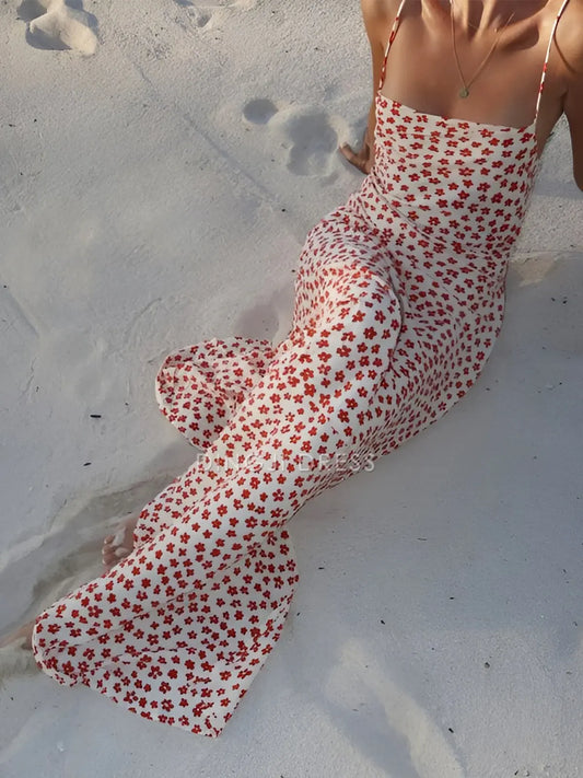 DingJiDress Party Dress Sheath Spaghetti Strap Strappy Fresh Floral Print Crisscross Flowy Charming Long Hot Sale Prom Dress