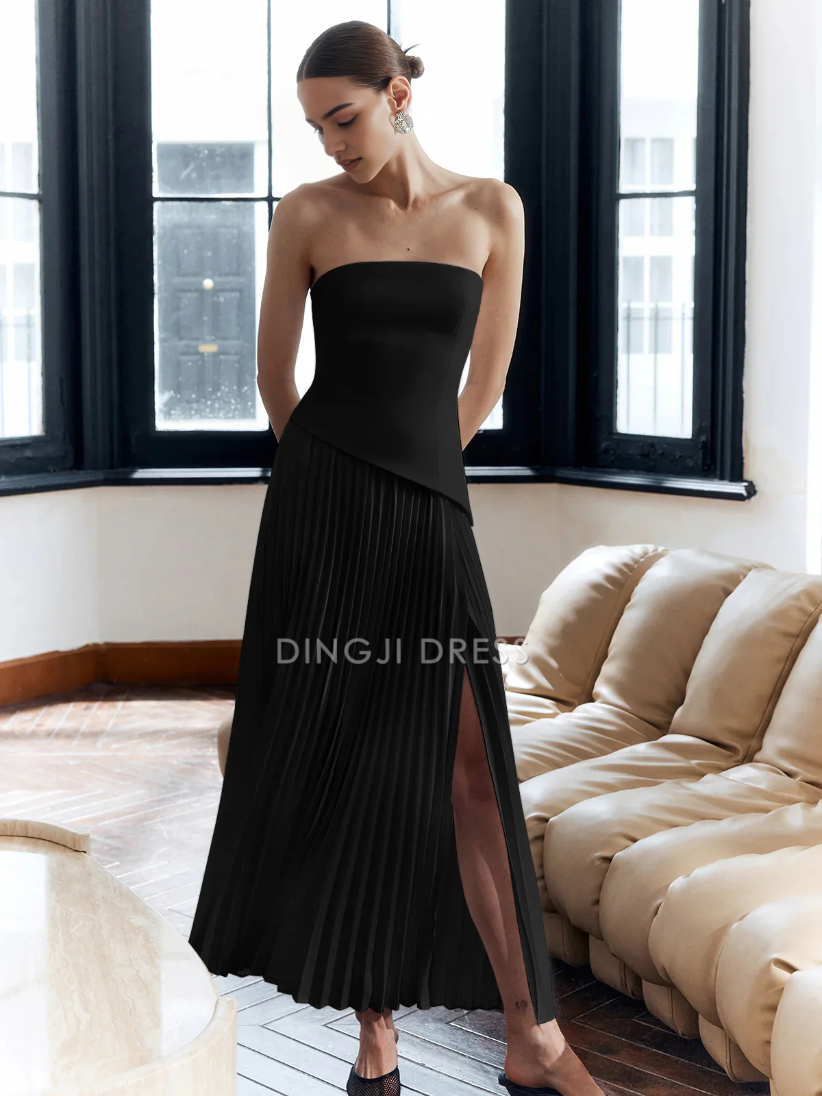 DingJiDress Party Dress Sheath Strapless Pleated Split Dress Exquisite Hot Sale Prom Dress