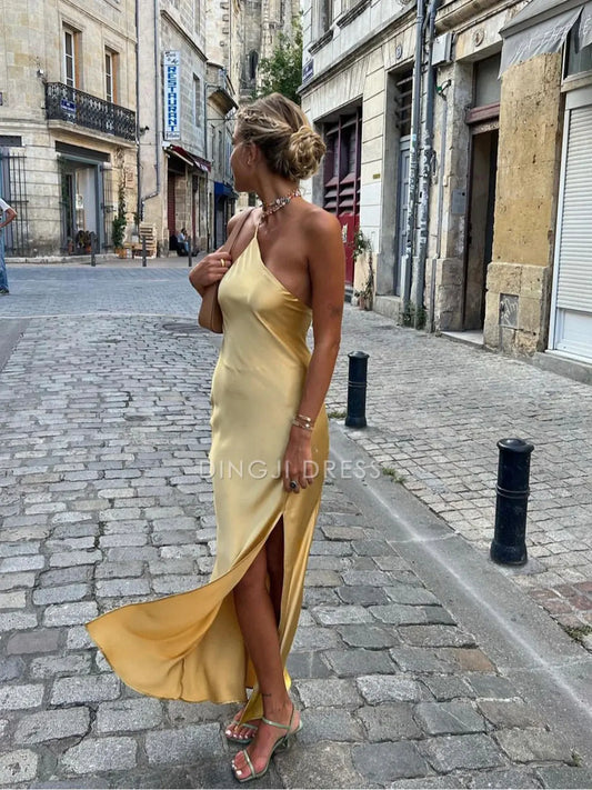 DingJiDress Party Dress Simple Sheath/Column One-Shoulder Spaghetti Strap Open Back Slit Sexy Long Dress Hot Sale Prom Dress