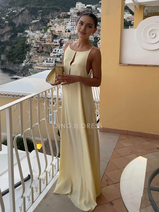 DingJiDress Party Dress Straight Round Neck Hollow Out Backless Vacation Simple Long Dress Hot Sale Prom Dress