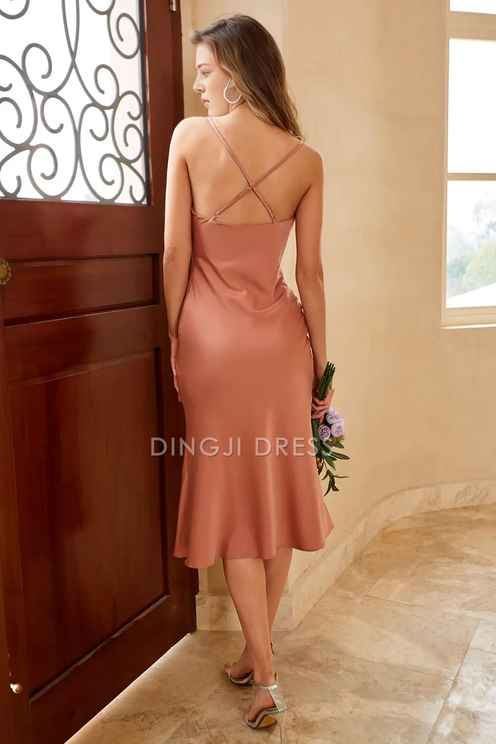 DingJiDress Sheath Spaghetti Strap Low-Cut Backless Tea-Length Simple Party Dress Hot Sale Prom Dress