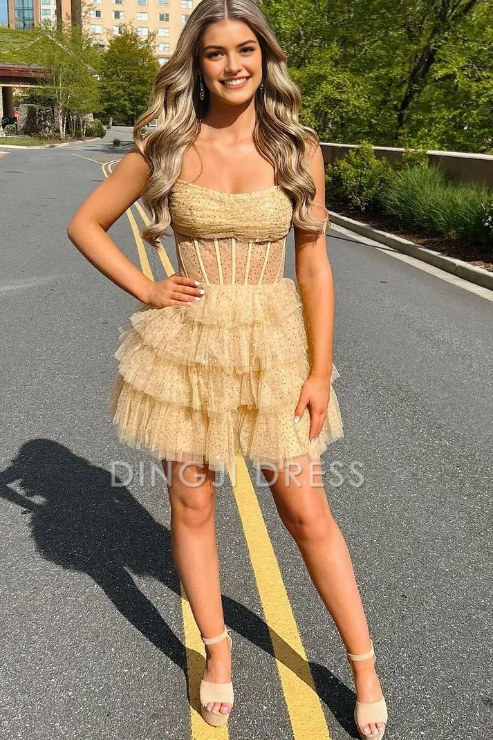 DingJiDress Short Dress A-Line Glitter Strapless Beads layered Ruched Sequin Hot Sale Homecoming Dress