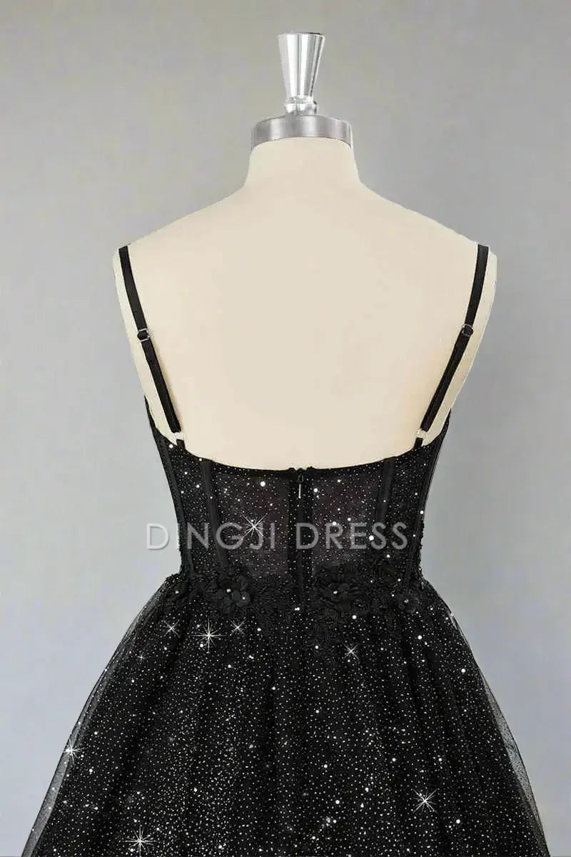 DingJiDress Short Dress A Line Corset Spaghetti Strap Sweetheart Neckline Black Tulle Sparkle Hot Sale Homecoming Dress