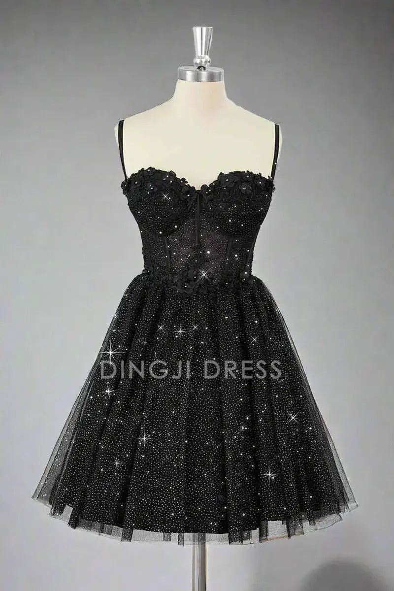 DingJiDress Short Dress A Line Corset Spaghetti Strap Sweetheart Neckline Black Tulle Sparkle Hot Sale Homecoming Dress
