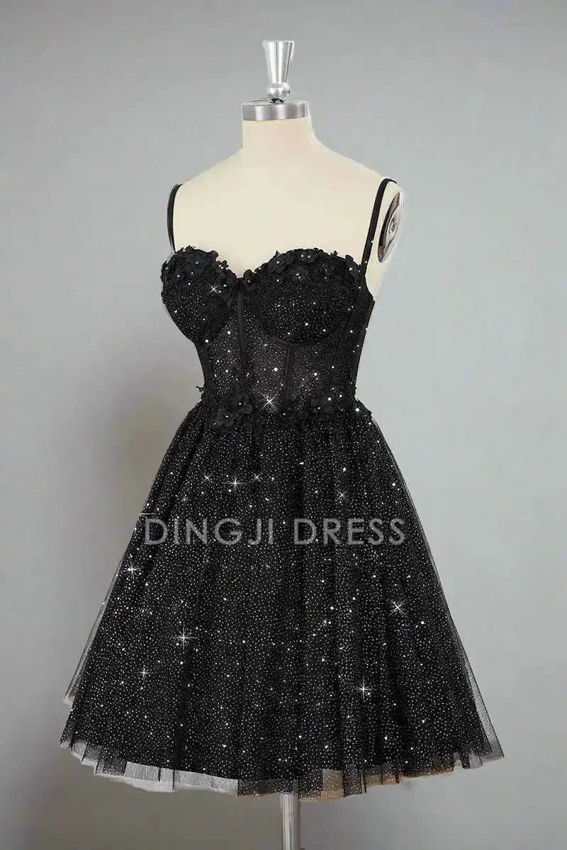 DingJiDress Short Dress A Line Corset Spaghetti Strap Sweetheart Neckline Black Tulle Sparkle Hot Sale Homecoming Dress
