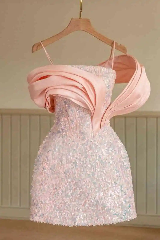 DingJiDress Short Dress Chic Spaghetti Strap Pleated Sequind Fashion Mini Hot Sale Homecoming Dress