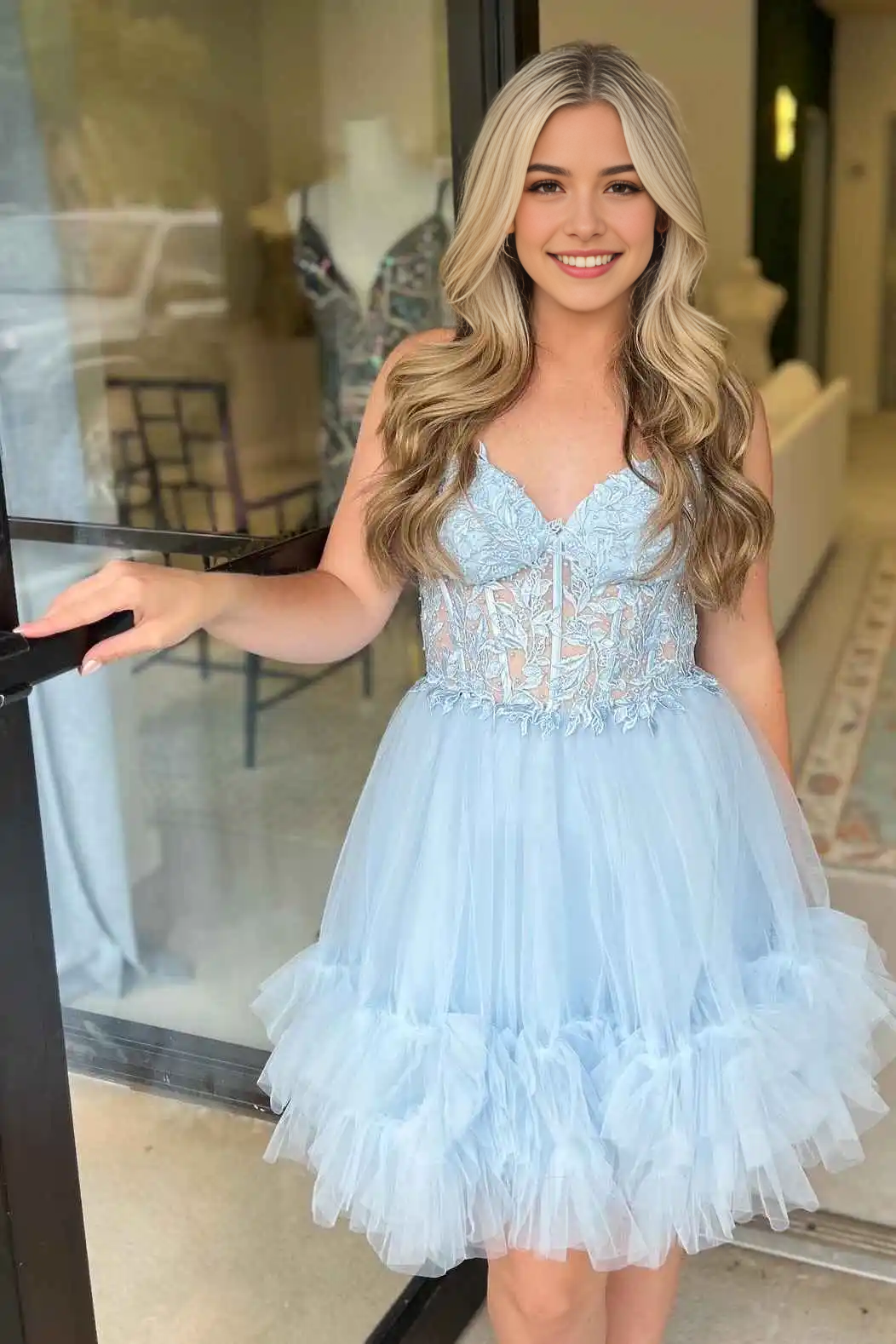 DingJiDress Short Dress Cute A-Line Off Shoulder Sweetheart Sheer Corset Ruffle With Appliques Lace-Up Backless Fantastic Hot Sale Homecoming Dress