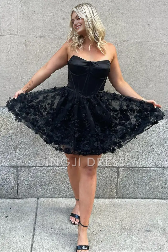 DingJiDress Short Dress Elegant A-Line Strapless Black Floral Fashion Hot Sale Homecoming Dress