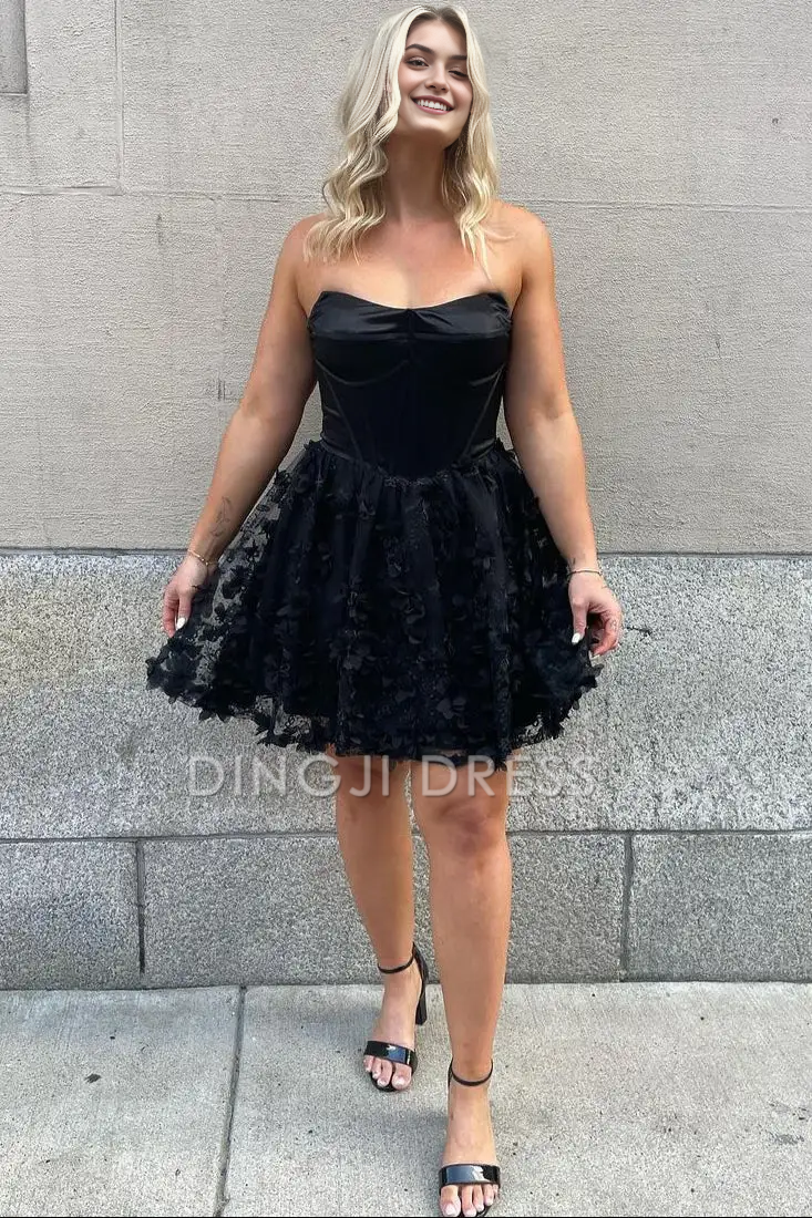 DingJiDress Short Dress Elegant A-Line Strapless Black Floral Fashion Hot Sale Homecoming Dress