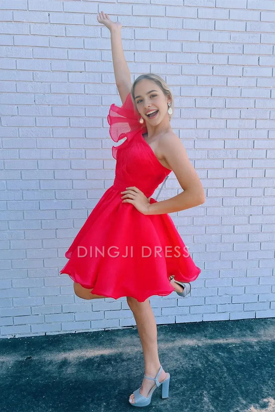 DingJiDress Short Dress Elegant A Line One Shoulder Flutter Sleeves Ruffle Tulle Fashion Hot Sale Homecoming Dress