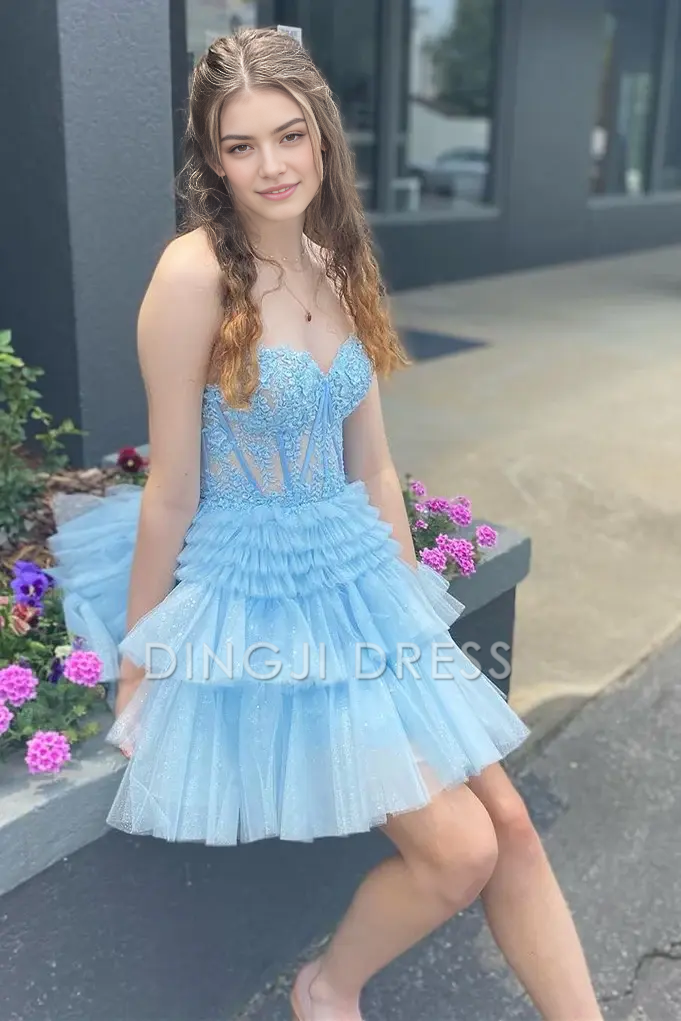 DingJiDress Short Dress Fashion A-Line Strapless Sweetheart Neckline Appliques Layers Ruched Backless Exquisite Hot Sale Homecoming Dress