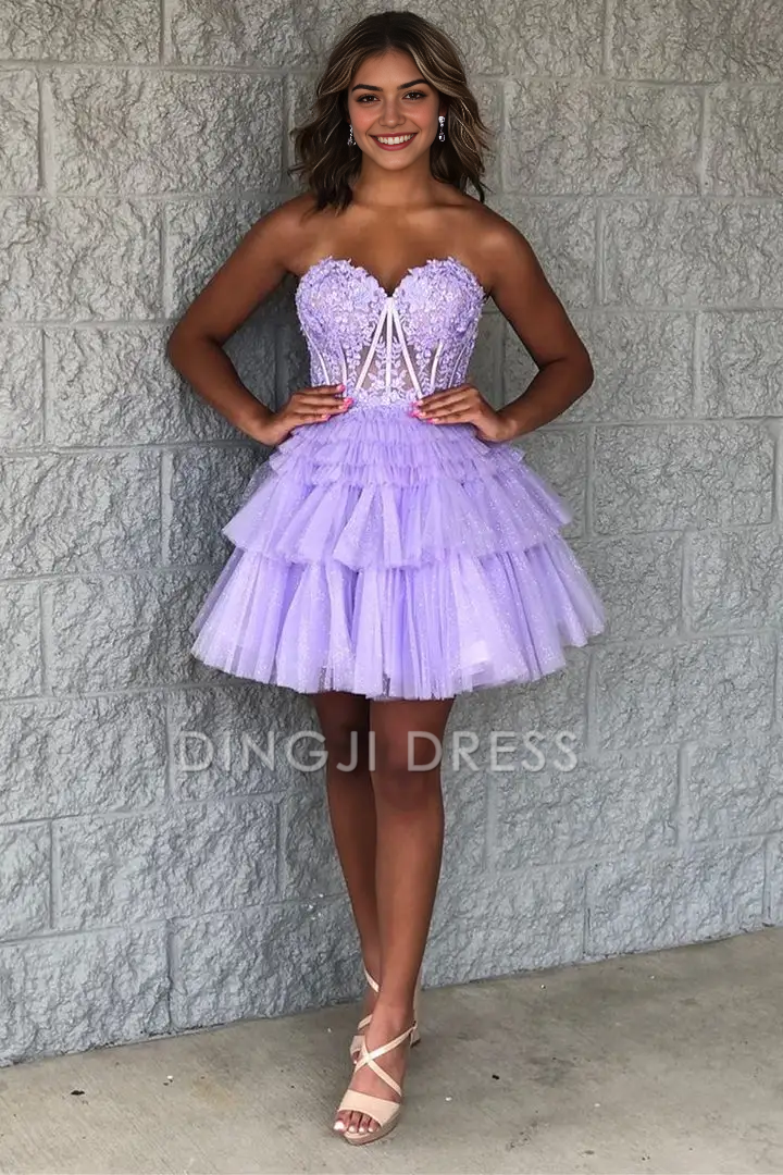 DingJiDress Short Dress Fashion A-Line Strapless Sweetheart Neckline Appliques Layers Ruched Backless Exquisite Hot Sale Homecoming Dress