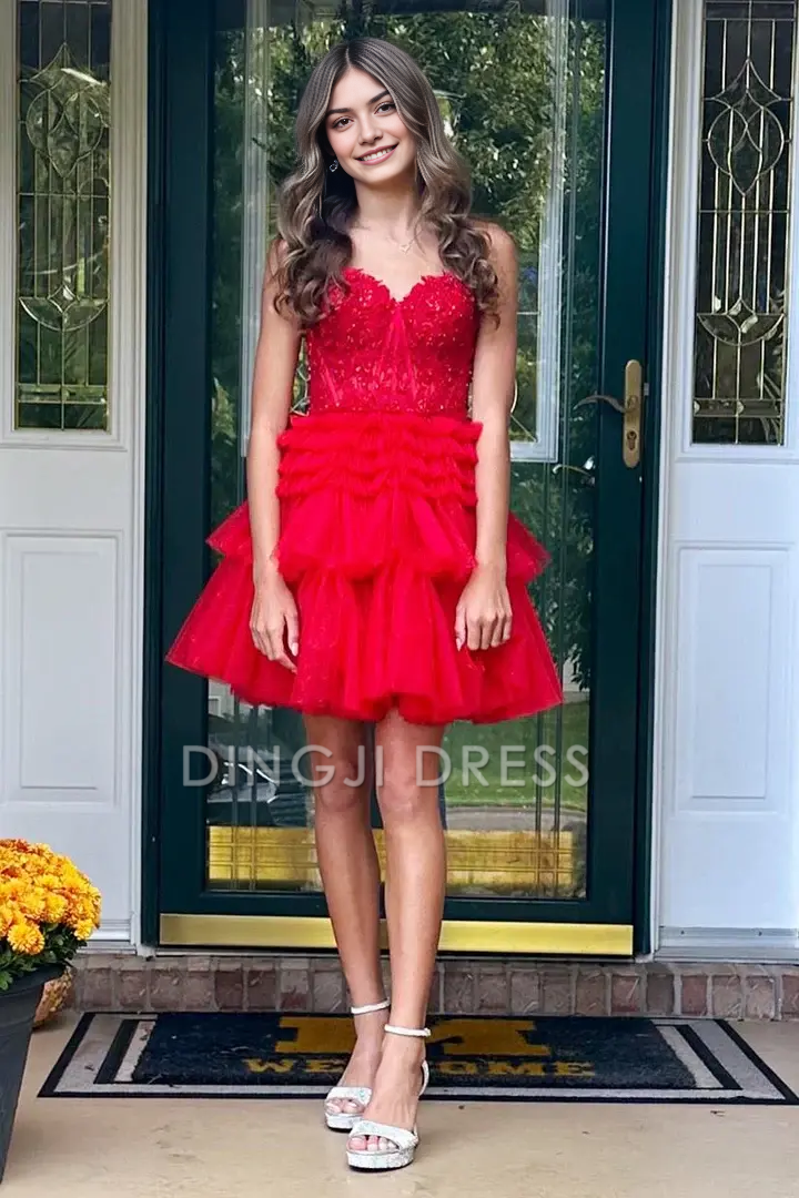 DingJiDress Short Dress Fashion A-Line Strapless Sweetheart Neckline Appliques Layers Ruched Backless Exquisite Hot Sale Homecoming Dress