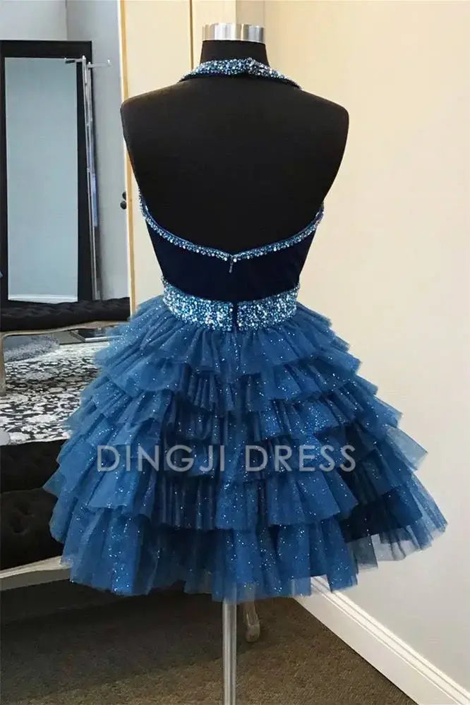 DingJiDress Short Dress Gorgeous A Line Halter Deep V Neck Beaded Backless Layering Ruffled Fashion Hot Sale Homecoming Dress